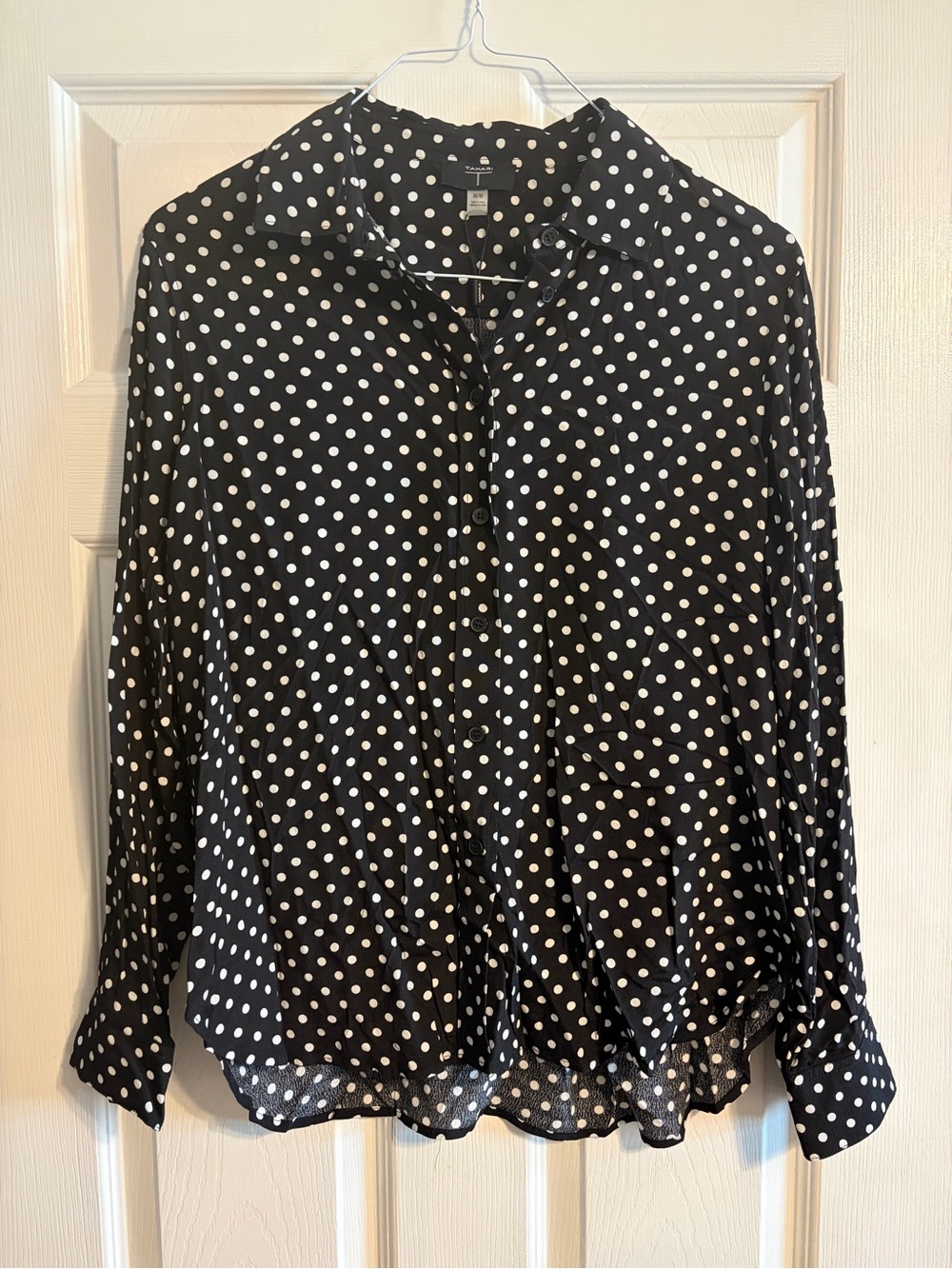 Tahari NWT Polka Dot Button Down Blouse Long Sleeve Black White Shirt Size M